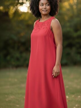 Adrianna Papell Vibrant Coral-Red Dress with Rose Cutout Detail